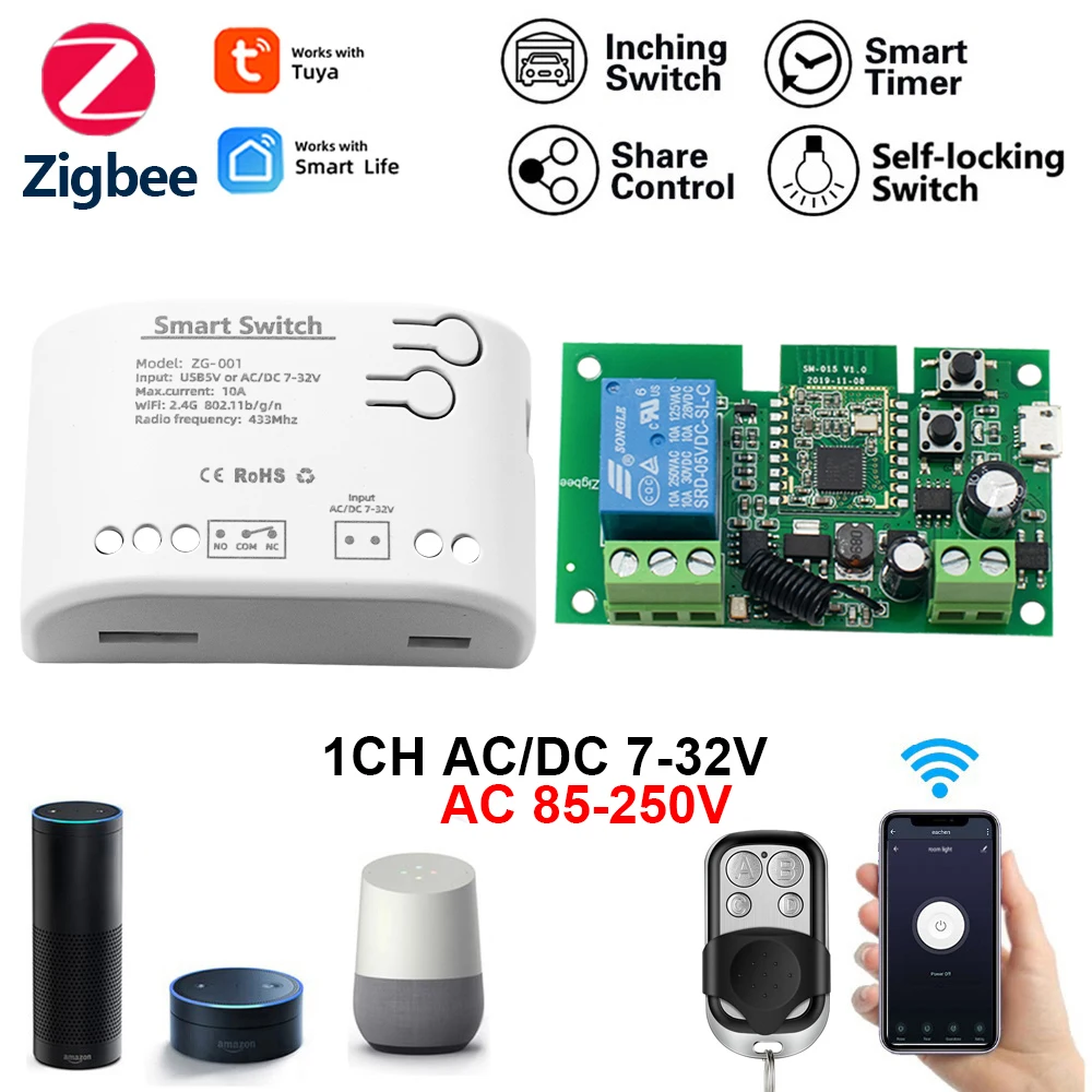 Смарт-переключатель Tuya Zigbee 220 В, 1 канал, 12 В, 22 В, 110 В, 240 В, реле, совместимые с Alexa Zigbee, дюймовый смарт-переключатель света