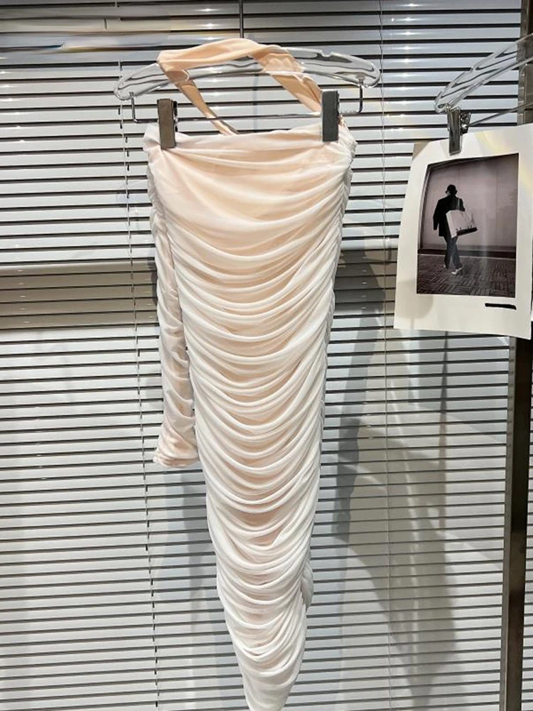 

Women Mesh Backless Party Dress Diagonal Collar One Sleeve New Arrivals Lady Sexy Fashion Temperament Summer 2022