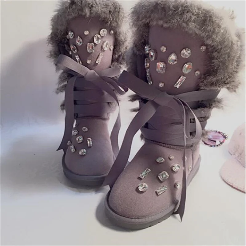 

Handmade rabbit hair gemstone sequins rhinestone thickened leather snow boots short boots cute warm and comfortable 35-44