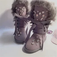 Handmade rabbit hair gemstone sequins rhinestone thickened leather snow boots short boots cute warm and comfortable 35-44