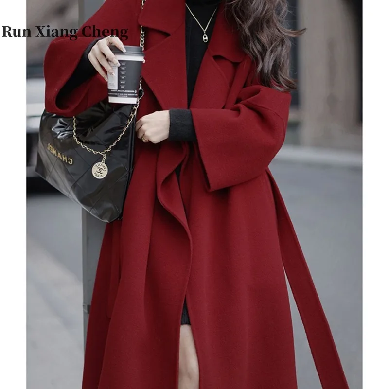 

Красное двустороннее кашемировое шерстяное пальто RUN XIANG CHENG, женское винтажное шерстяное пальто средней длины на осень/зиму 2023, бесплатная доставка