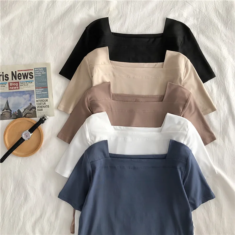 

Женская футболка, летние новые корейские повседневные однотонные рубашки для женщин, топы, модная женская одежда с квадратным воротником и ...