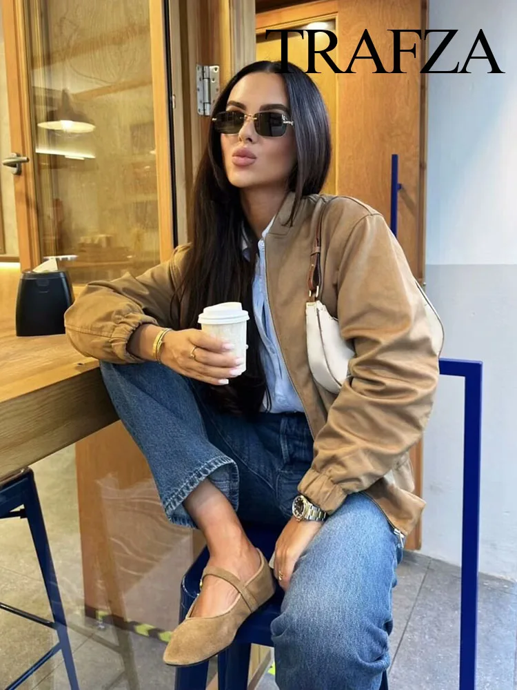 TRAFZA Women's Fashion Retro Versatile Suede Texture Effect Bomber Jacket Female Pocket Decorated Zipper High Street Casual Coat