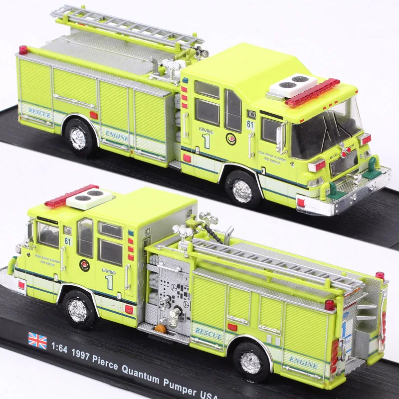 No Box 1:64 Scale Amer 1997 Pierce Quantum Pumper Fire Truck USA Rescue Engine Car Toy Vehicles Plastic Model Green Hobby Gifts