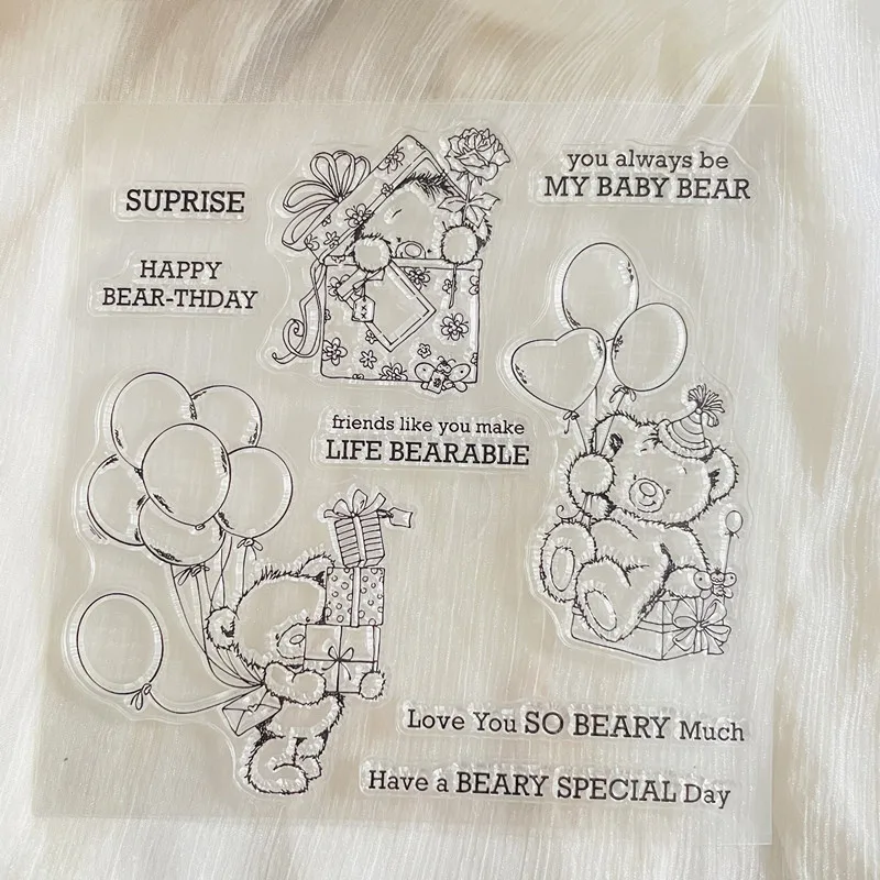 Прозрачный силиконовый штамп с милым медведем для оформления дня рождения