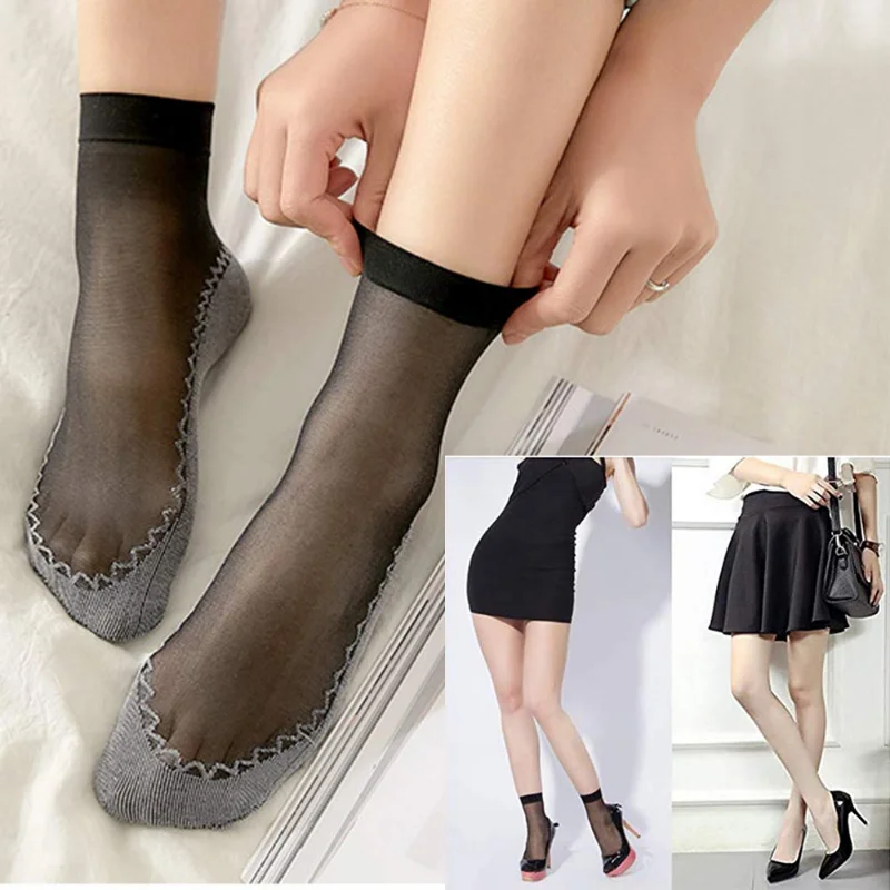 10Pairs Summer Women Soft Socks Velvet Silk Socks Non-Slip Bottom Splice Transparent Ladies Ultrathin Breathable Women Sock
