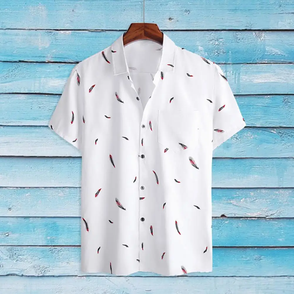 

Men Shirt Short Sleeves Young Style Single-breasted Print Lapel Turn-down Collar Young Style Summer Tops Daily Clothes