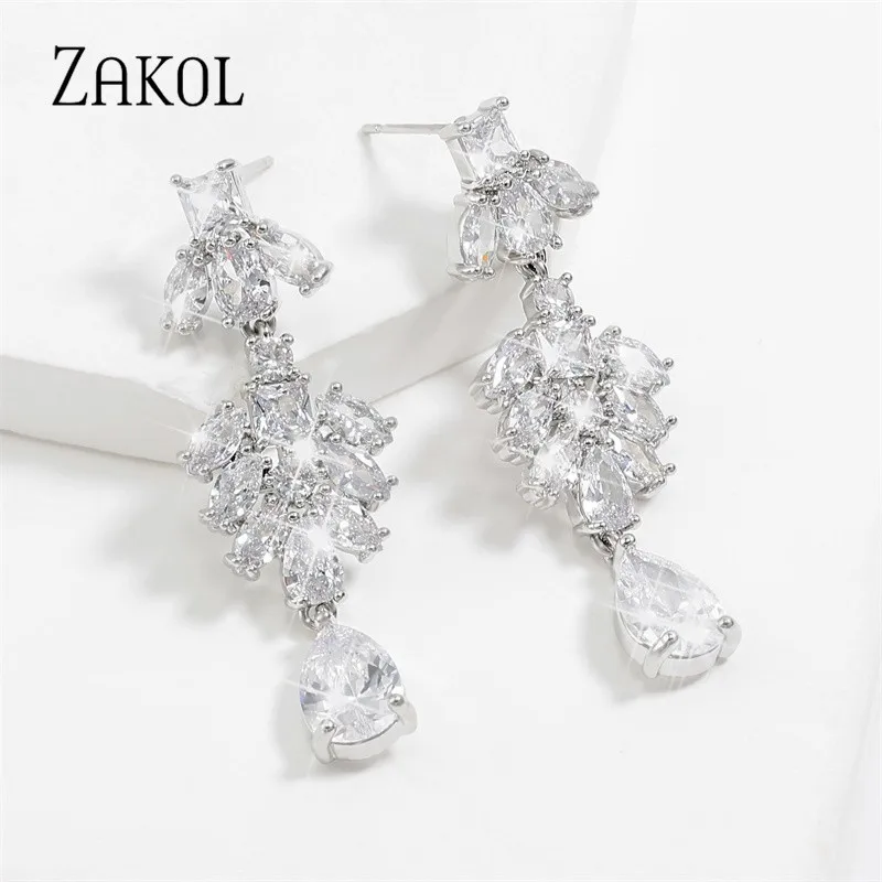 ZAKOL блестящие длинные висячие серьги с каплями воды для женщин свадебные