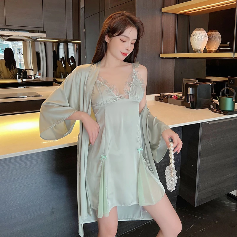 Sexy Pajamas Women's Ice Ribbon Chest Pad Lace 2022 New Beautiful Back Strap Nightdress Pure Desire Wind Four Seasons Universal