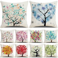 1pc colorful trees themed pillow case oil painting cartoon printed love tree linen square cushion cover for home 4545cm