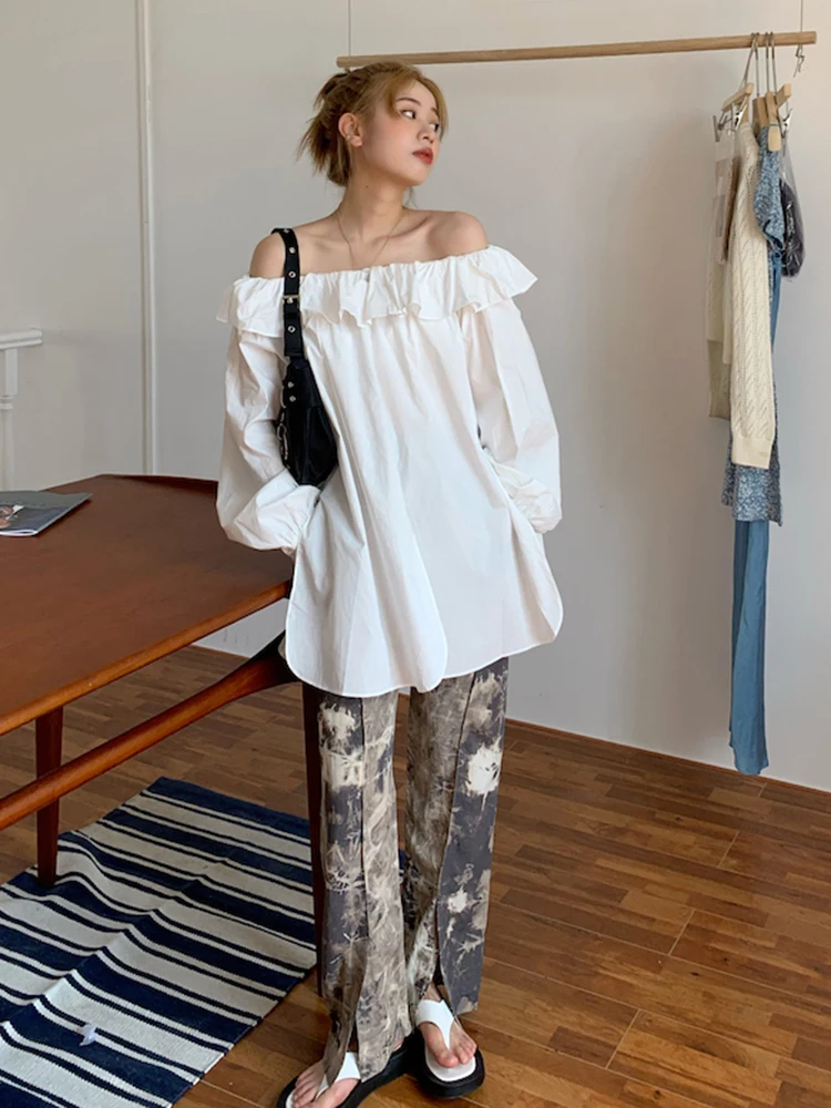 

Women Spring Korean Temperament One-word Collar Off-the-shoulder Ruffle Design Loose Casual Slit Long Sleeves Blouse Tops D0916