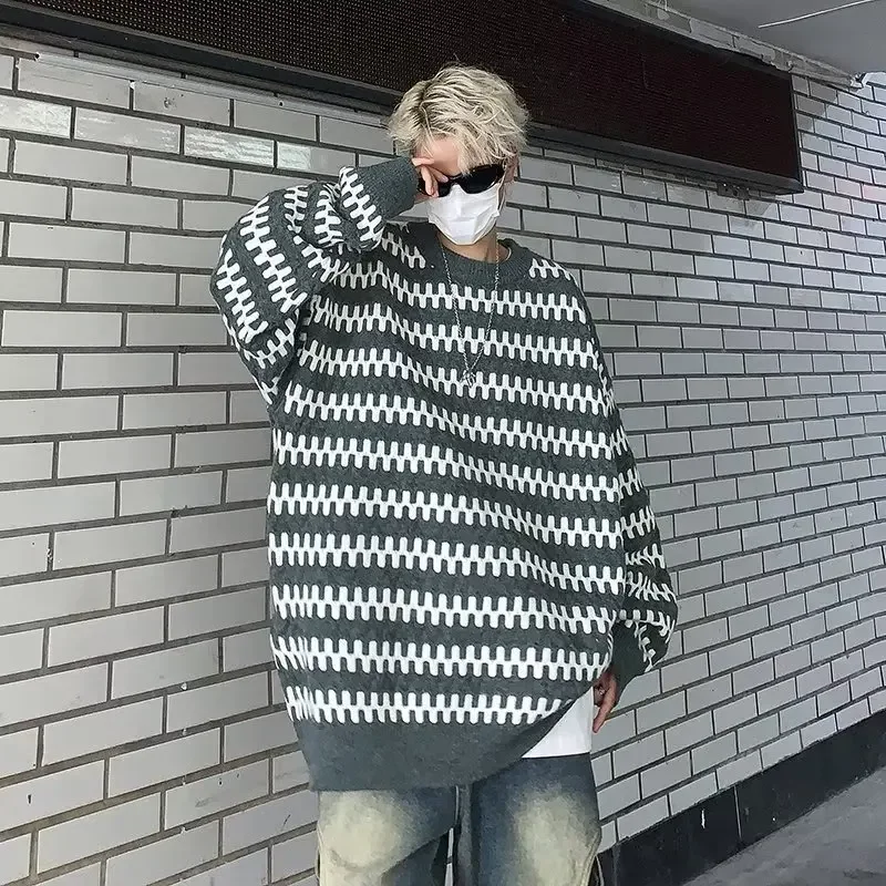 Полосатый свитер мужской повседневный винтажный вязаный топ в японском стиле с