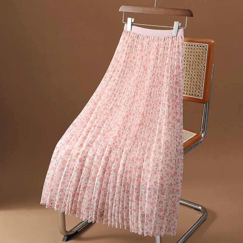 Printed mesh skirt women's spring, autumn and winter new high-waisted floral A-line large swing mid-length pleated skirt