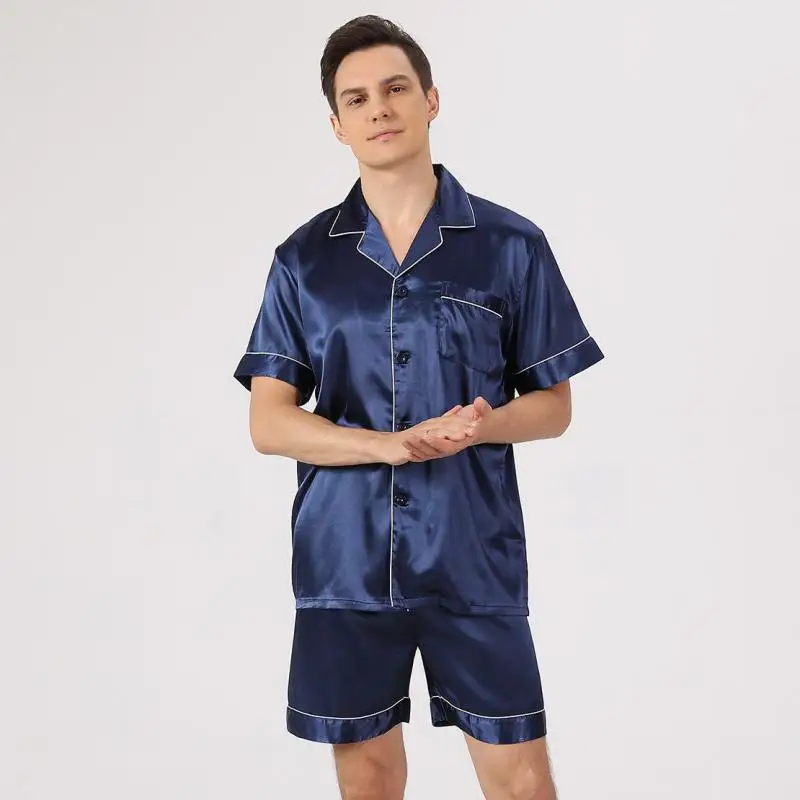 

Lapel Satin Shirt&Pants Sleep Set Men Pyjamas Homewear Summer Sleepwear Male 2PCS Pajamas Suit Nightwear Soft Intimate Lingerie