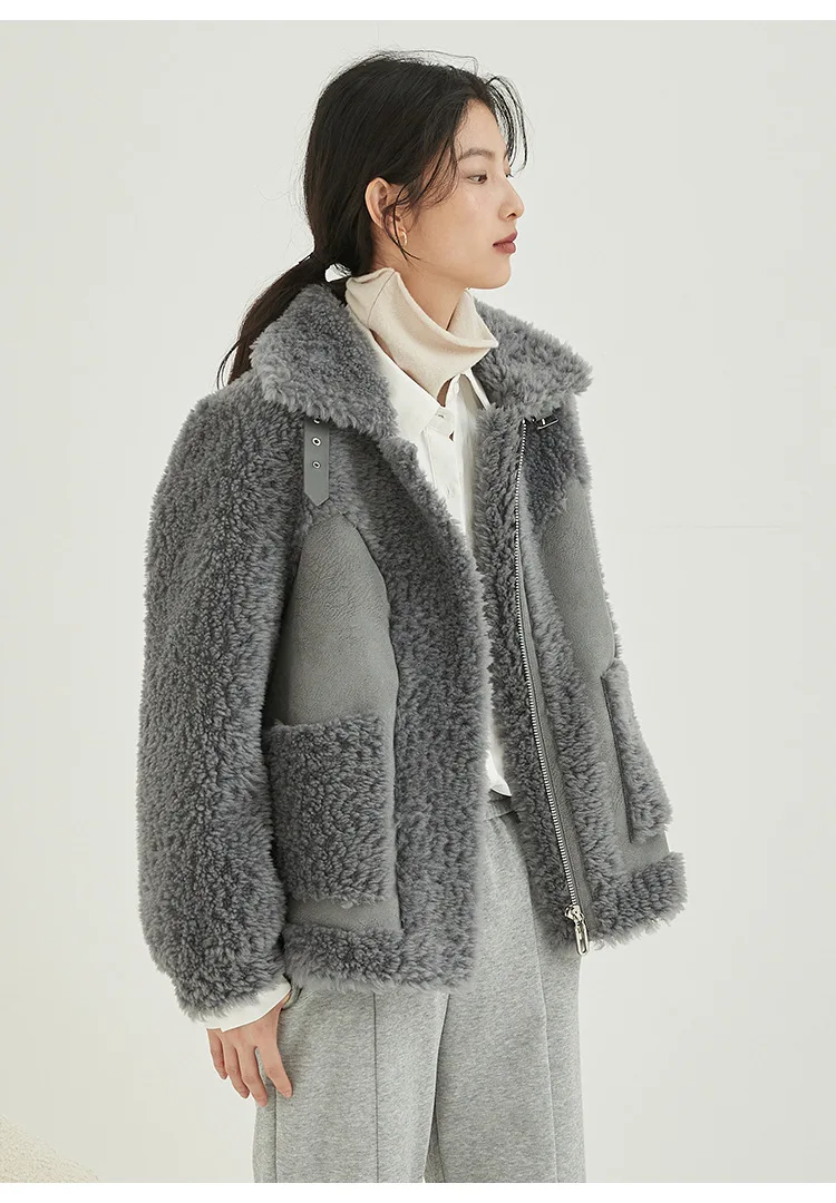 KoHuiJoo Lamb Fur Jacket Women 2022 Winter Fashion Vintage Thick Warm Female Shearling Overcoat Zipper Suede Coat Motorcycle