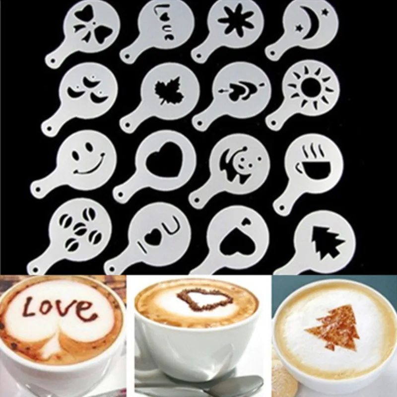 16Pcs/lot Coffee Latte Cappuccino Barista Art Stencils Cake Duster Templates Coffee Accessories Milk Mold Coffe Decoration