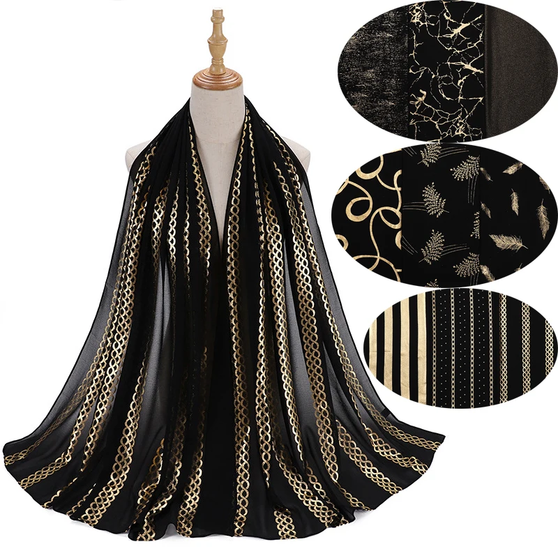

Black Series Chiffon Hijab Scarf Bronzing Feather Leaf Geometry Pattern Shawl Headwrap for Muslim Women Headscarf Turban Scarves