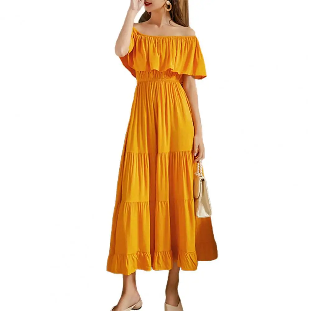 

nkle-length Dress Women Summer 2021 Solid Color Ruffle Off Shoulder Backless Dress Women Accessory Party dresses White XL