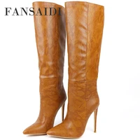 fansaidi fashion brown beige slip on knee high boots consice winter clear heels sexy zipper new stilettos heels big size41 42 43