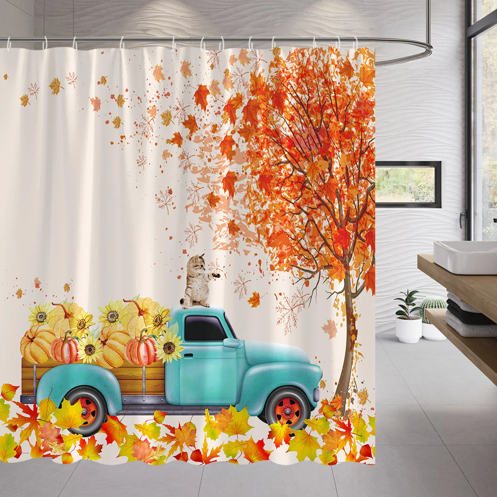 

Autumn Maple Tree Shower Curtain Fall Maple Leaves Green Trucks Pumpkin Animal Print Polyester Fabric Decor Bathroom Curtain