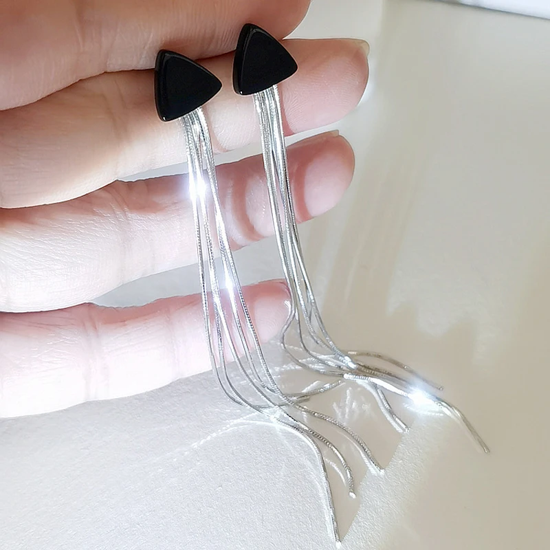 

Real S925 silver jewelry for women black agate drop earring for girls long tassel earrings for women fine jewelry Birthday gift