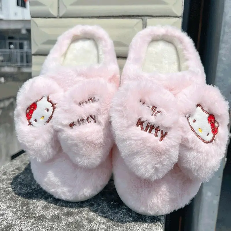 

Hello Kitty Kawaii Sanrios Cartoon Anime Winter Plush Slippers Home Anti-Slip Half-Pack Roots Thick Bottom Super Cute Slippers