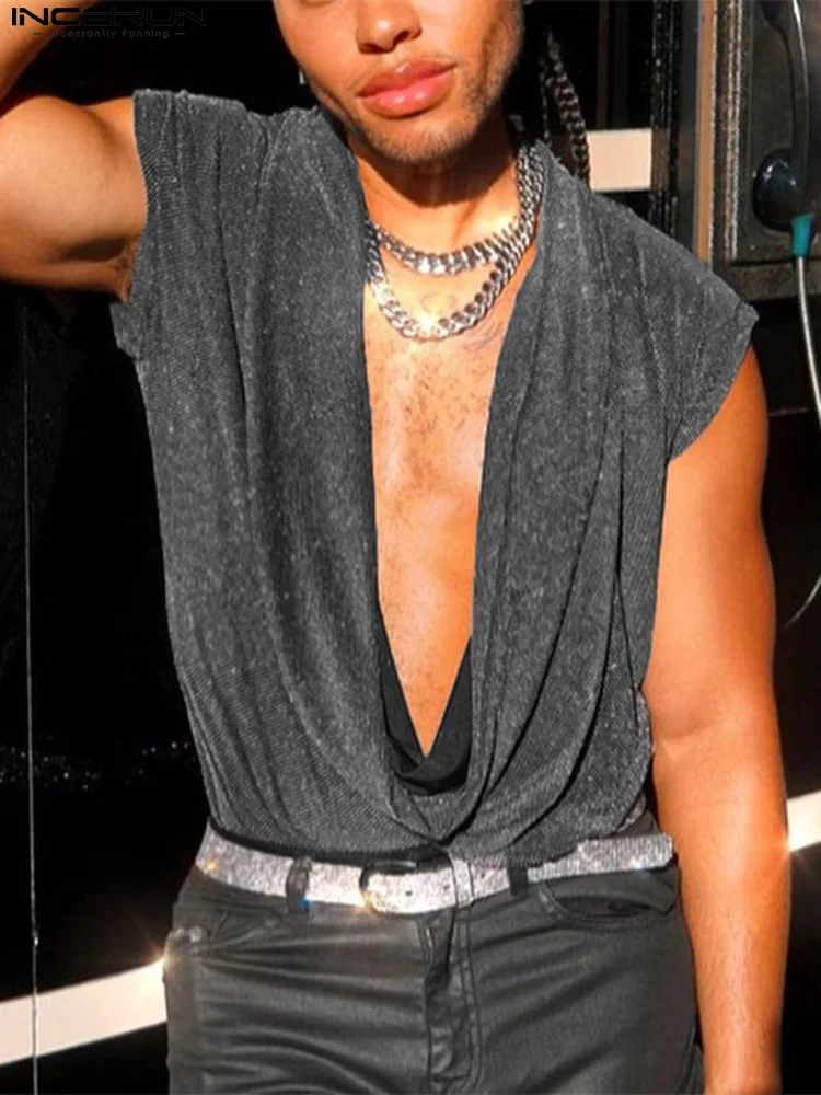 

Men Tank Tops Solid Color 2022 Streetwear Shiny Sleeveless Deep V Neck Casual Vests Fashion Party Nightclub Men Tops INCERUN 7
