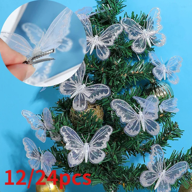 

7 × 8 см 12 шт., Рождественская елка, искусственные шары, украшение для вечеринки и свадьбы, имитация марлевой бабочки, праздничный интерьер