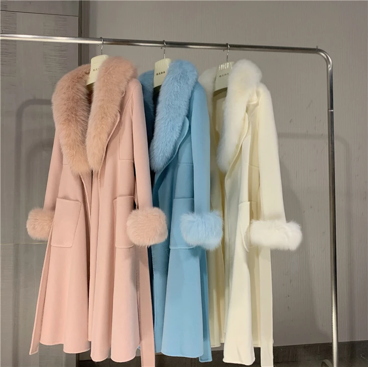 FURYOUME Luxury Real Fur Coat Winter Women Cashmere Wool Jacket Long Natural Fox Fur Collar Detachable Fashion Ladies Outerwear