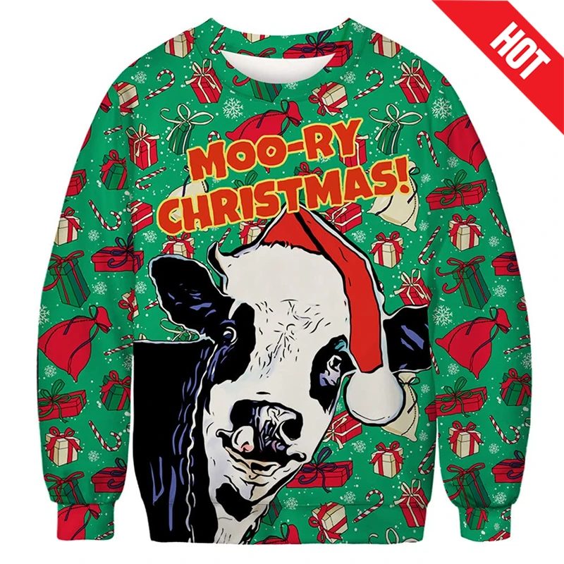 Fashionable 2025 Ugly Christmas Sweater Funny Cat Dog Pattern Sweatshirts Men Cosplay Pullover Boys Crew Neck Sweaters
