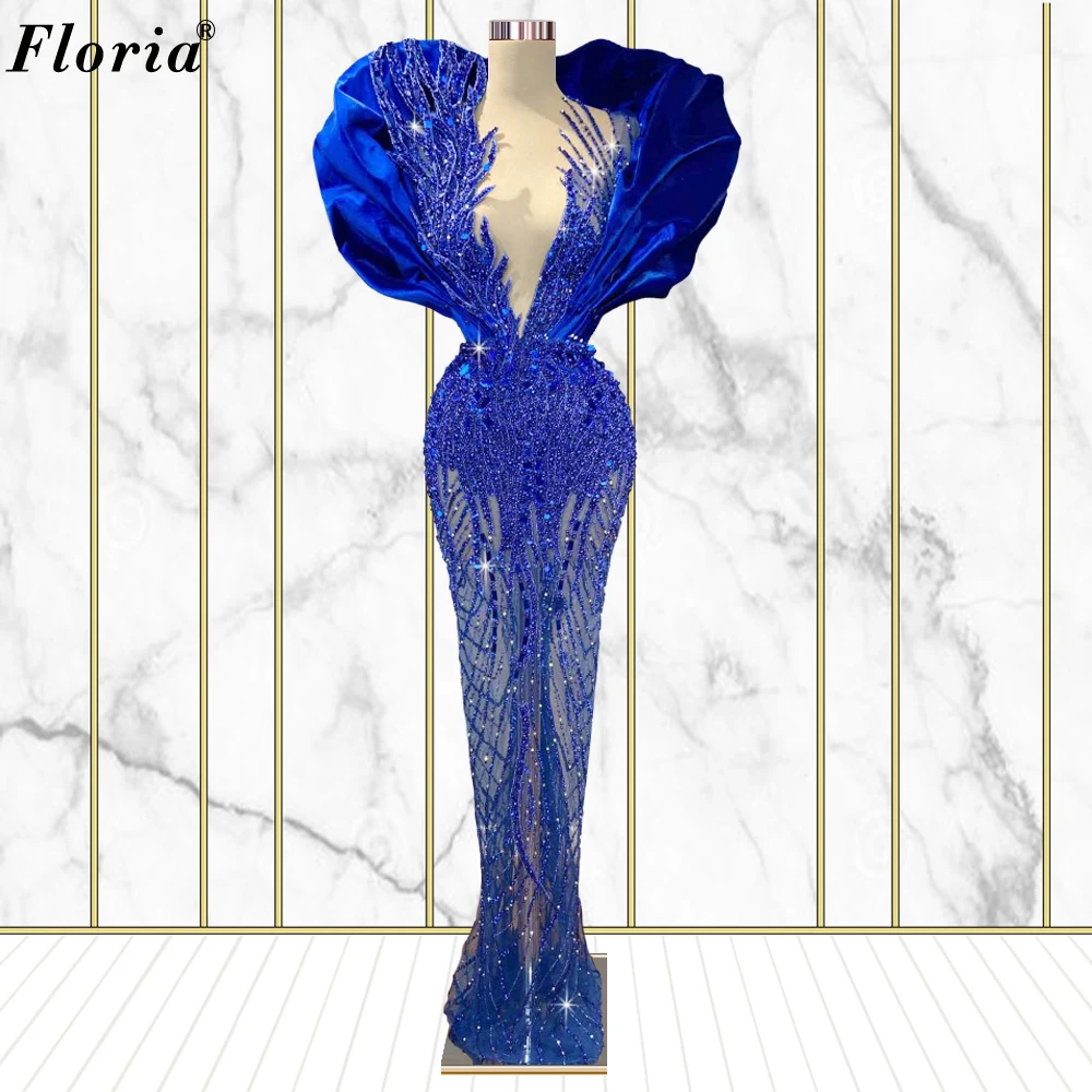 

2022 Modest Royal Blue Evening Dresses Luxury Beads Mermaid Evening Gowns Special Celebrity Dresses Photography Vestido Feminino