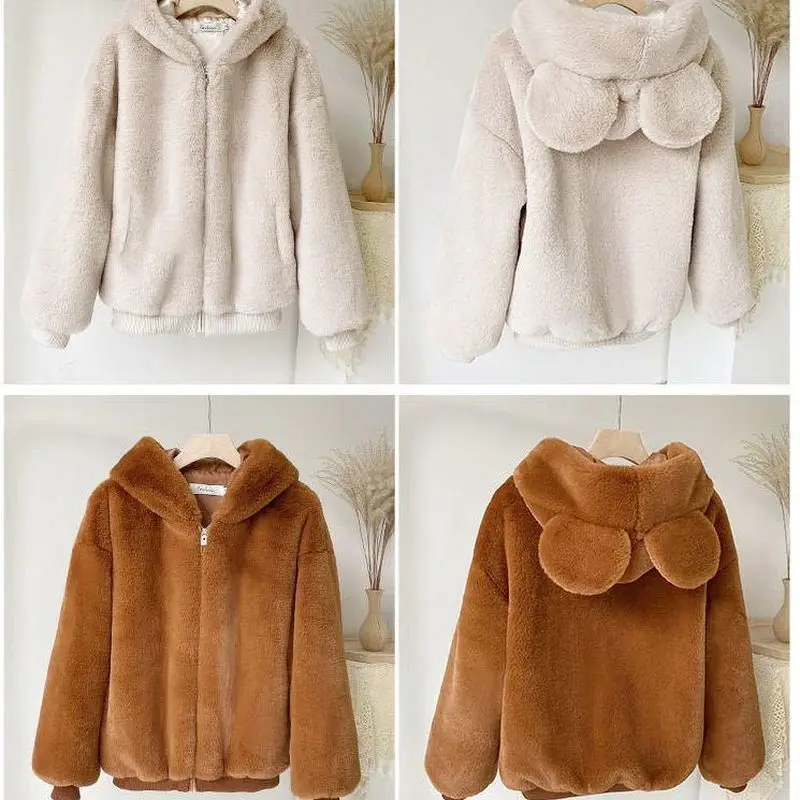 Japanese Kawaii Women's Coat Winter Teddy Bear Jackets Fashion Loose Plus Velvet Thick Hooded Furry Women Faux Fur Jacket Brown