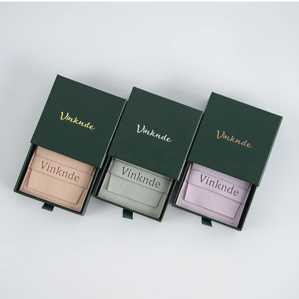 Green Product Package Boxes Custom Logo Print Sliding Drawer Carton Jewelry Packaging Organizer Box Case Microfiber Pouches Bags