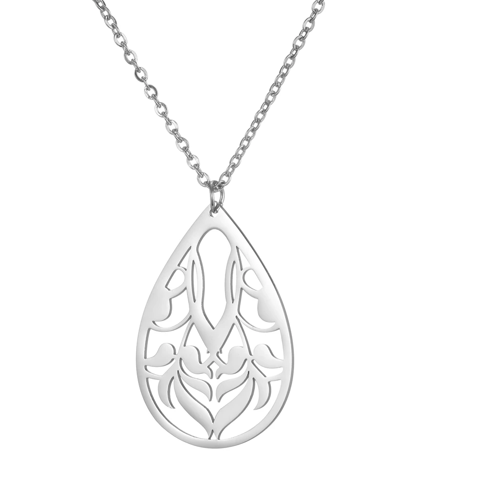 

Dropshipping Stainless Steel Jewelry Steel Color 20.41x30mm Teardrop Hollow Pattern Pendant Necklace With 45+5cm Link Chain
