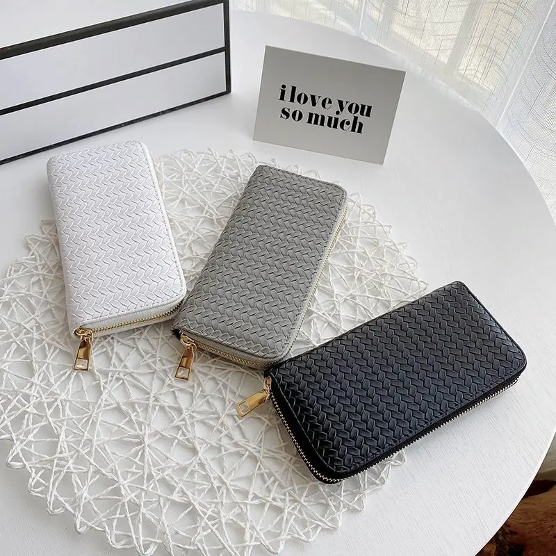 2023 Women Weave Wallet Leather Wrist Handle Phone Case Long Section Money Pocket Pouch Handbag Women Purse Card Holder Wallet