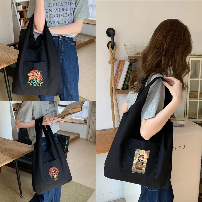 

Woman Samurai Cat Reusable Shopping Bag Women Canvas Tote Bags Printing Eco Bag Shopper Shoulder Bags Handbags for Women 2022