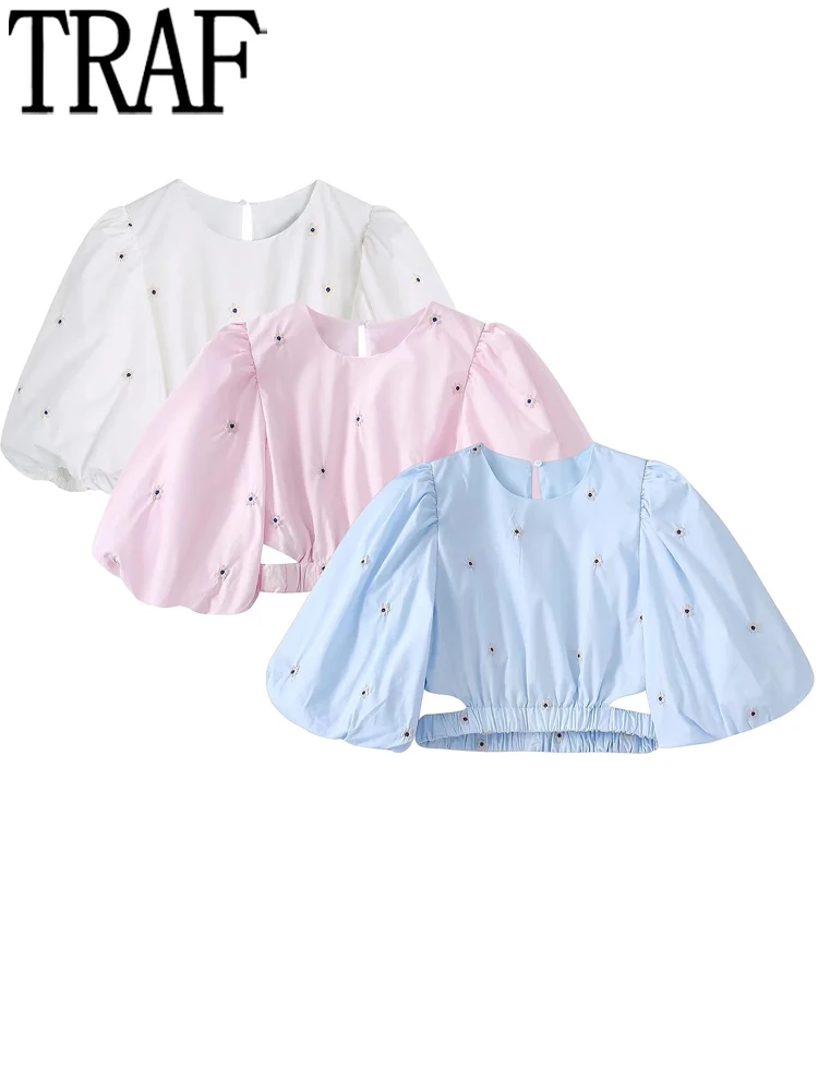 

TRAF Embroidery Crop Top Women Cut Out Floral Top Female Pink Blue White Short Puff Sleeve Blouse Woman 2022 Summer Blouses