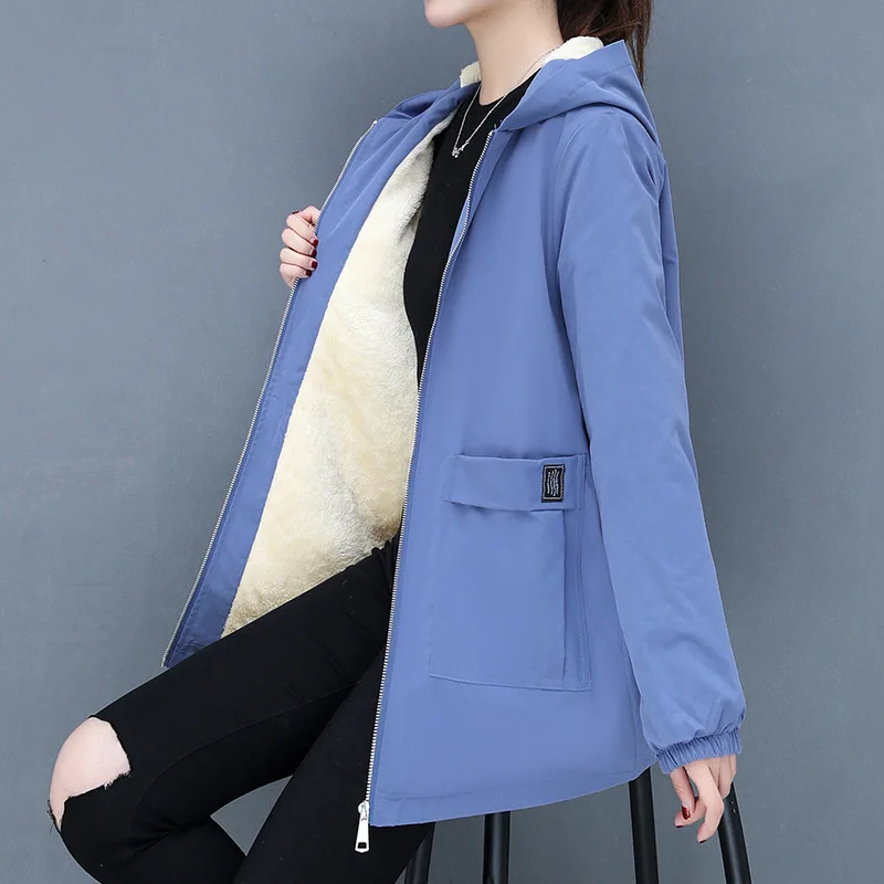 Autumn and Winter 2022 New Korean Thickened Warm Lamb Wool Cotton Shirt Women's Medium Long Versatile Loose Hooded Coat Female