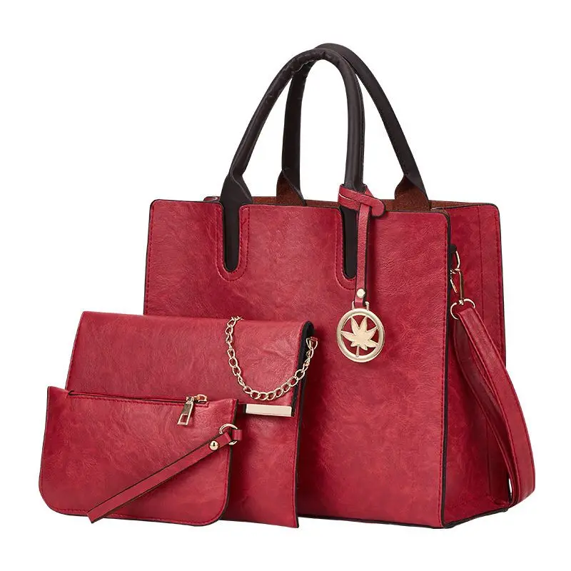 New Women Ladies 3 in 1 Fashion Retro Tote Shoulder Bag Lychee Printed Casual PU Leather 3 Pcs Set Messenger Handbags