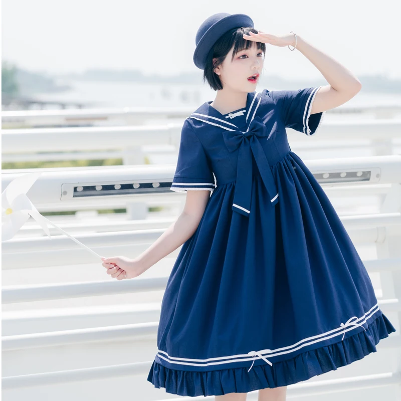 

Sweet Navy Style Lolita Dress High Waist Academy Feng Shui Hand Collar Short Sleeve OP Lolita Princess Dress Cos Loli Vestidos