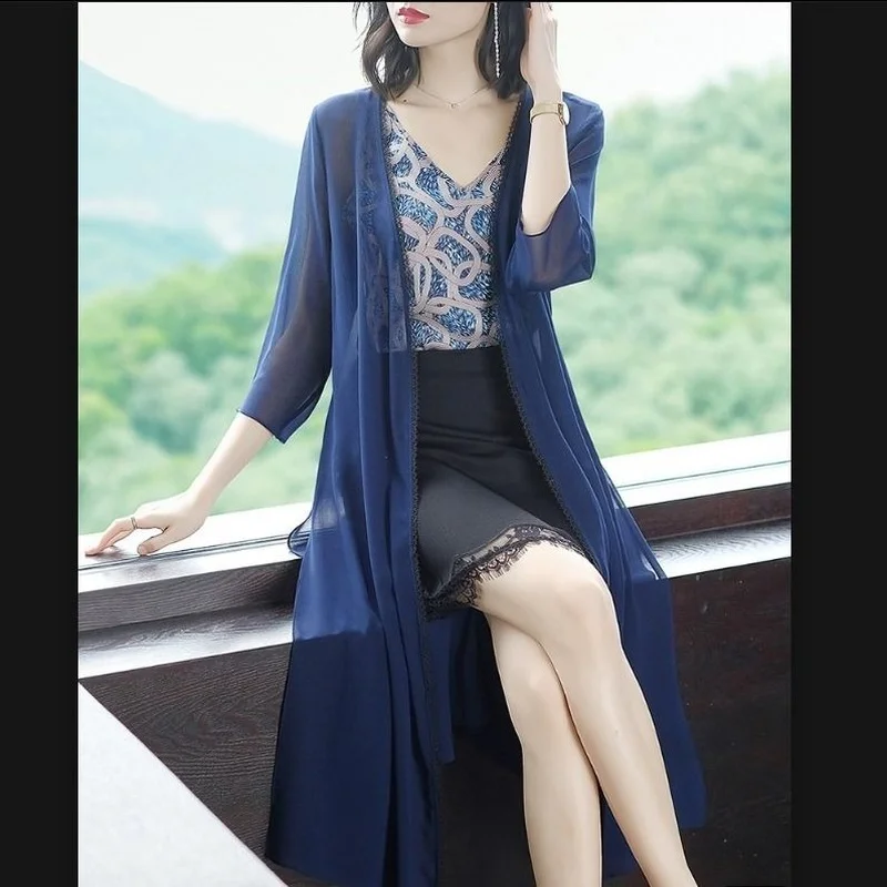 

2022 Summer Women Chiffon Cardigan Sexy See Through Ladies Long Blouse Shirt Beach Cover Up Femme Outerwear Tops 5XL J318