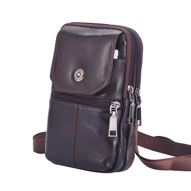 Men's Messenger Bag Cowhide Leather Bag Mobile Phone Pouch Pocket Wallet Male Small Travel Waist Bag Multi-Pockets Chest Bag