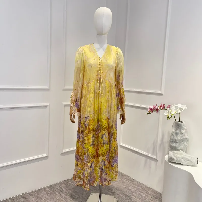 

Платье-миди желтое/фиолетовое с цветочным принтом и длинным рукавом
