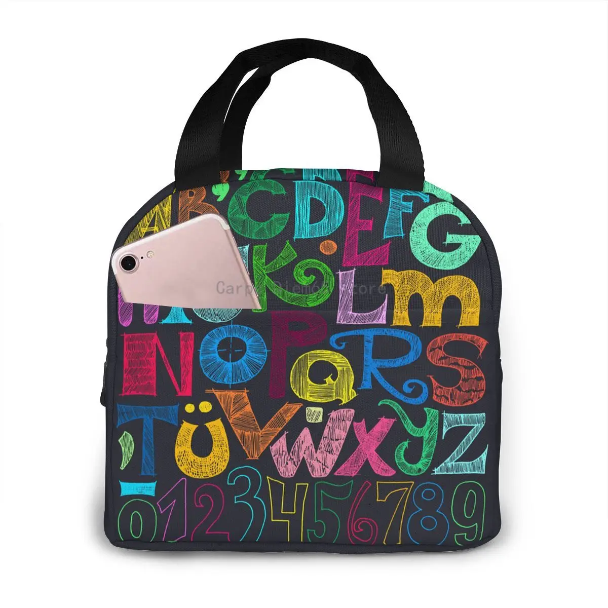 

Grunge Alphabet Numerals Lunch Food Box Bag Fashion Insulated Thermal Food Picnic Lunch Bag for Women kids Men Cooler Tote Bag