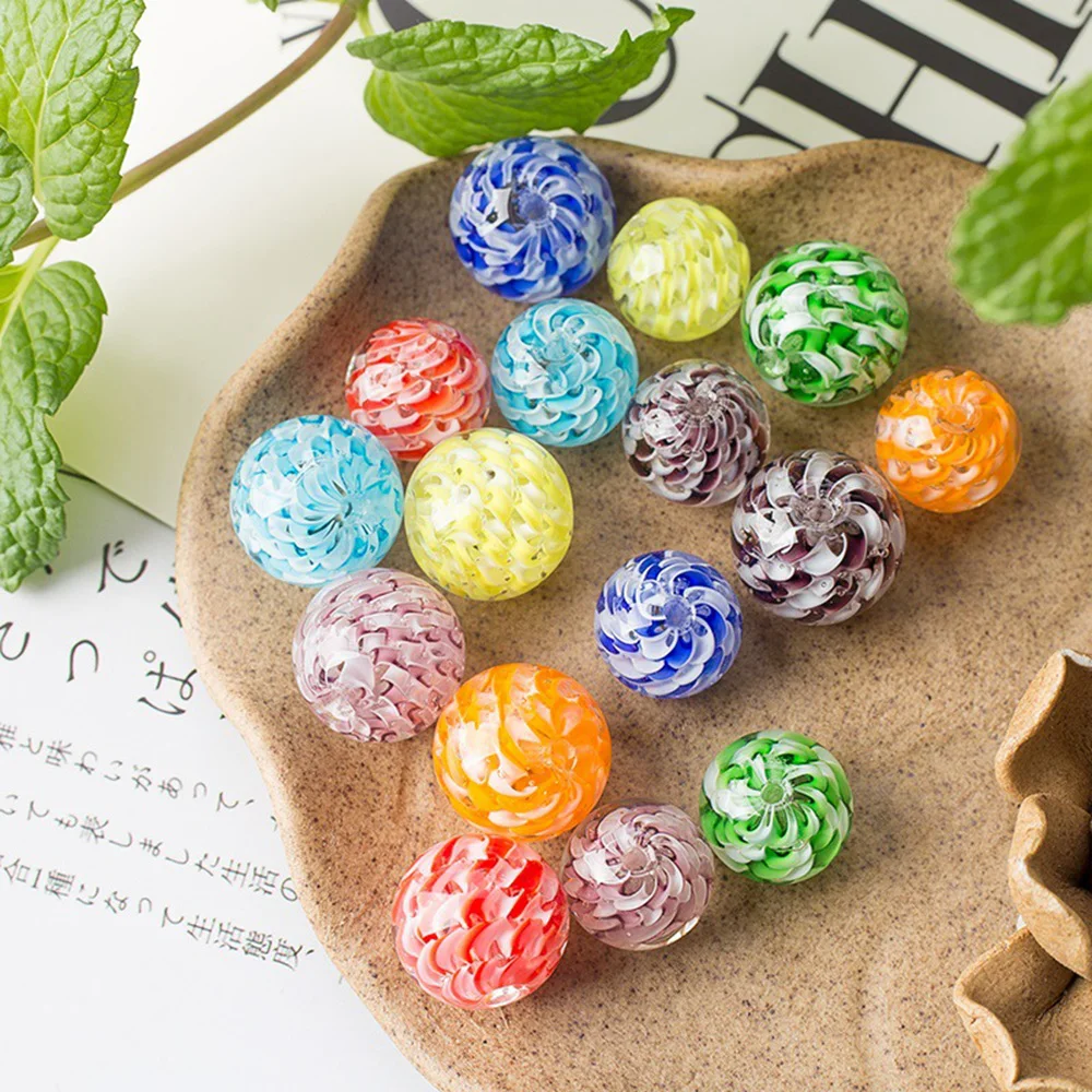 

5pcs Round Ball Shape 12mm 14mm Helix Lampwork Glass Loose Crafts Beads For DIY Necklace Jewelry Making Findings