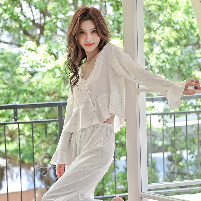 FALLINLAOE 2023 New Ice Silk Pajamas Women's Long Sleeved Simple Polka Dot Printed Home Clothes Pajamas Set