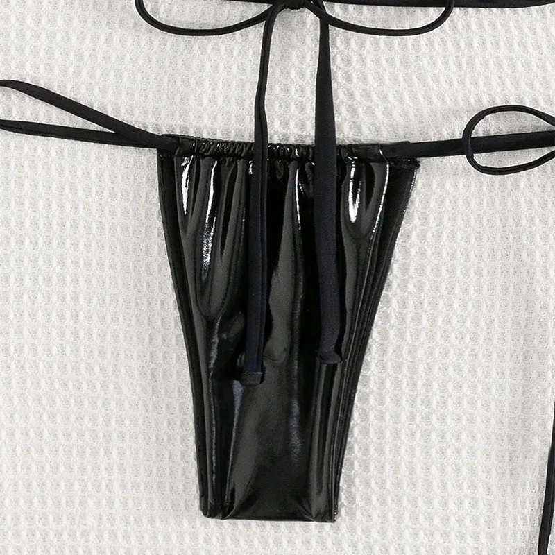 Сексуальные металлические черные комплекты мини-бикини с лямкой на шее комплект