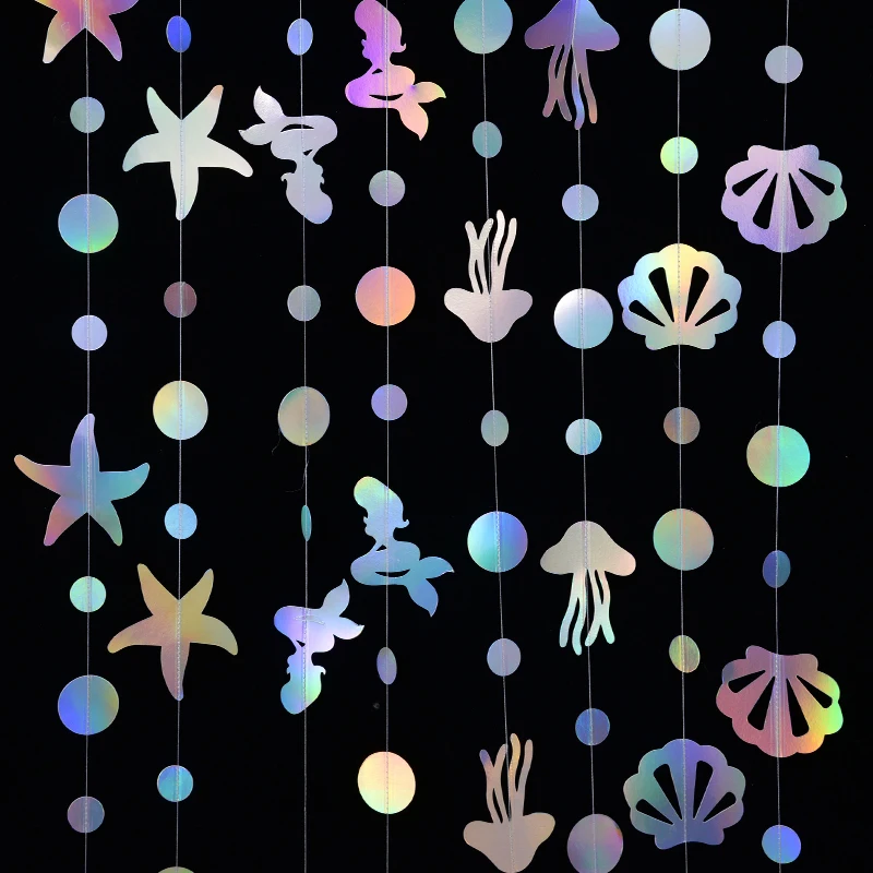 

4/4.5M Laser Mirror Paper Mermaid Garland Seashell Starfish Hanging Banner Bunting Ocean Theme Birthday Baby Shower Party Decor