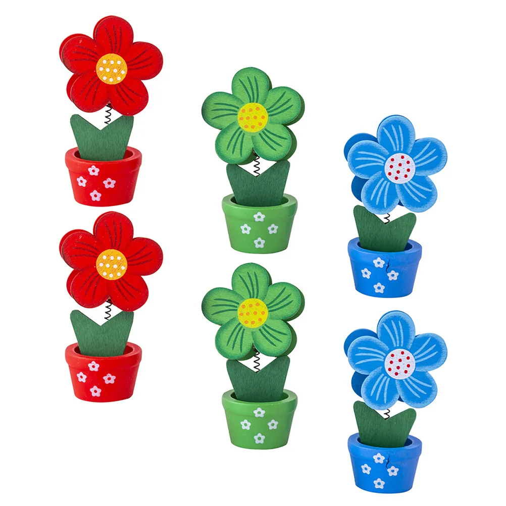 

6pcs Office Memo Clips Wooden Photo Fixing Clamps Flower Pot Shaped Note Holders