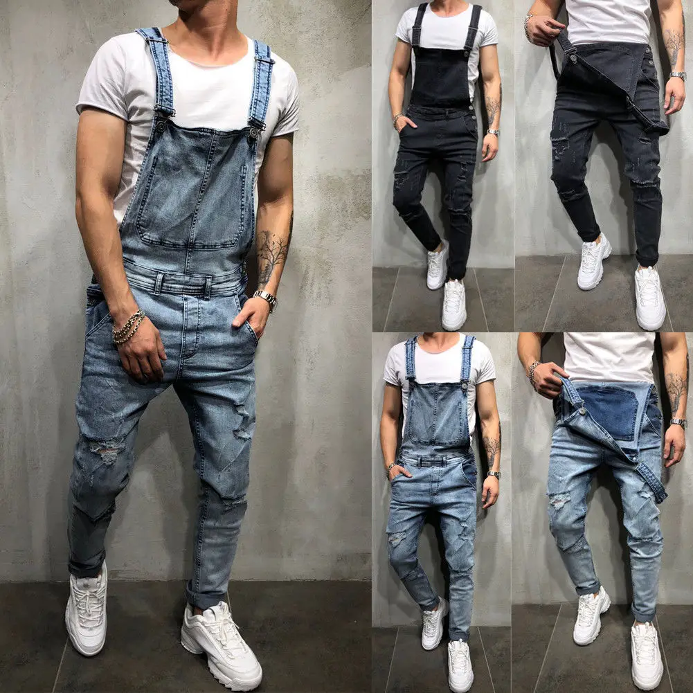 

2022 Men's Oversize Fashion Ripped Jeans Jumpsuits Shorts Summer Street Distressed Denim Bib Overalls For Men Suspender Pants